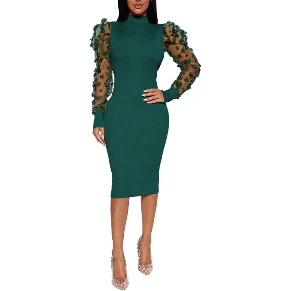 Women's Sheer Mesh Bodycon Dress Midi Long Sleeve Elegant Clubwear